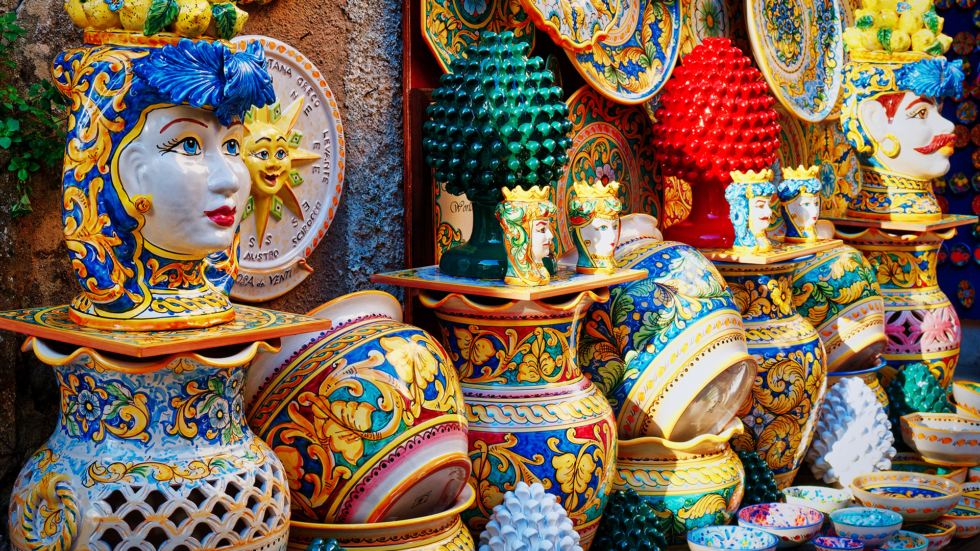 Colorful Maiolica pottery on display